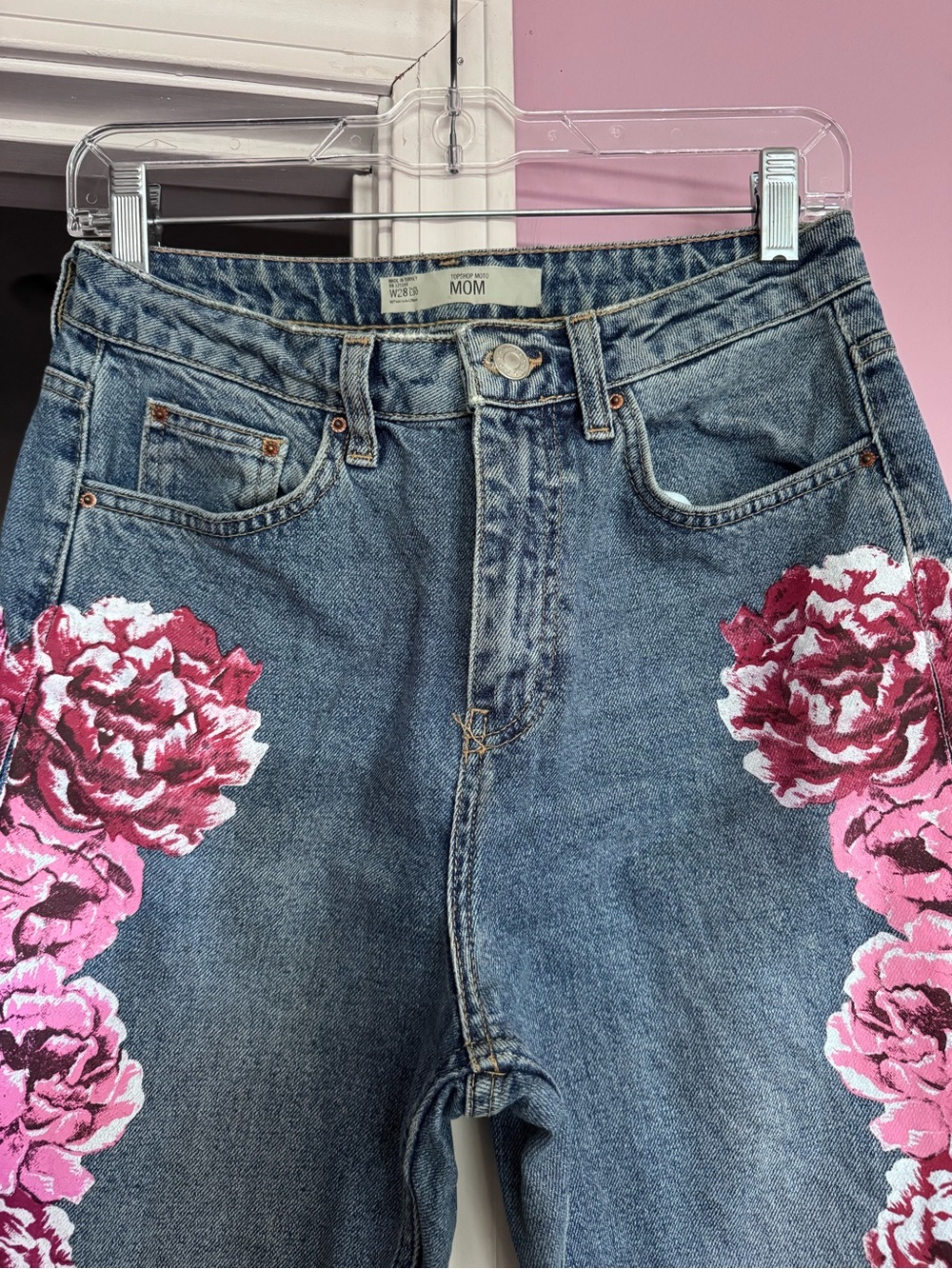Topshop High-Rise Mom Jeans with Pink Floral Embroidery
